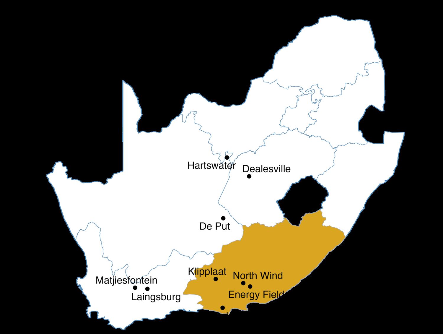Map of greenfield project locations across South Africa