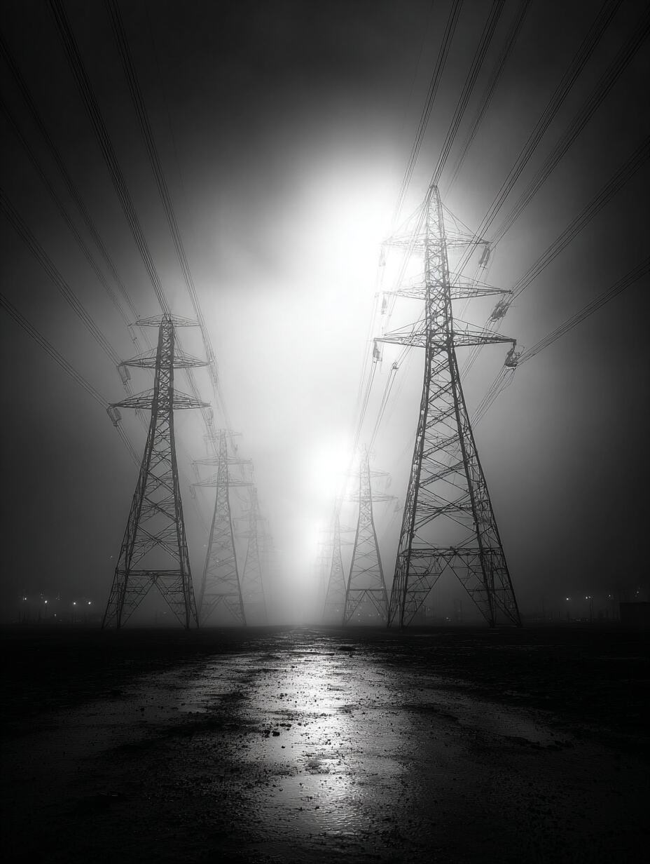 High voltage transmission lines at dusk